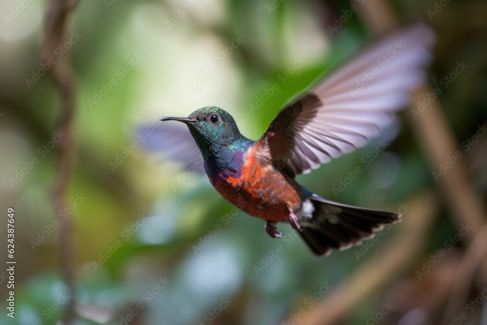 Fototapeta premium hummingbird in flight, its tiny wings beating furiously, created with generative ai