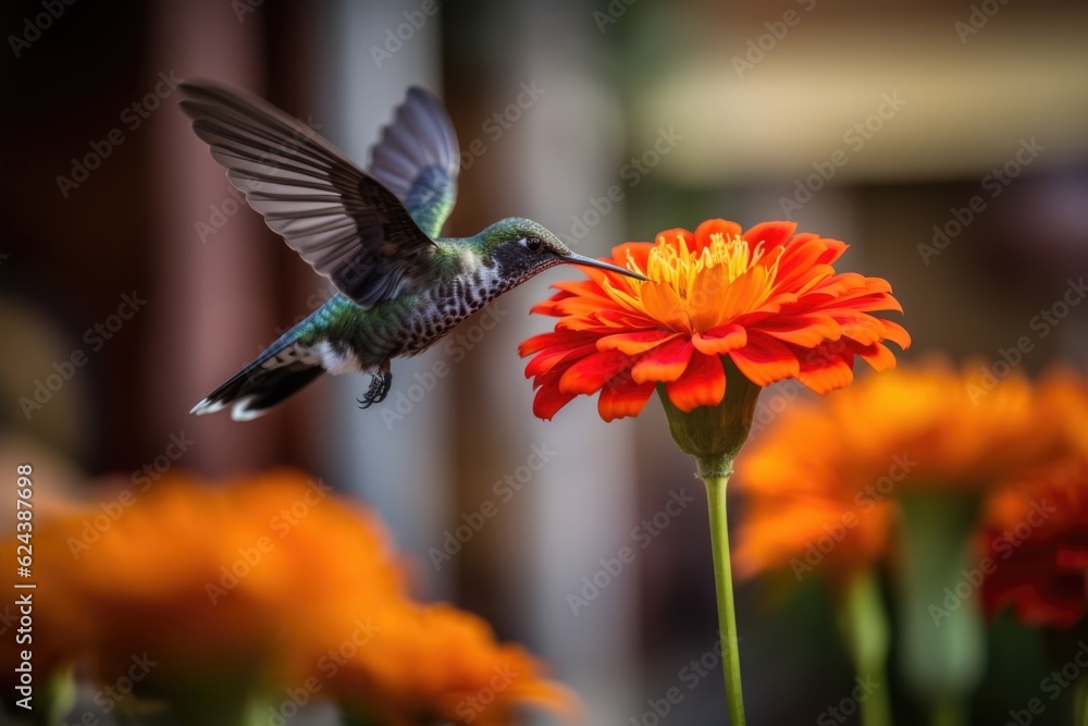 Fototapeta premium hummingbird hovering over flower to feed, created with generative ai