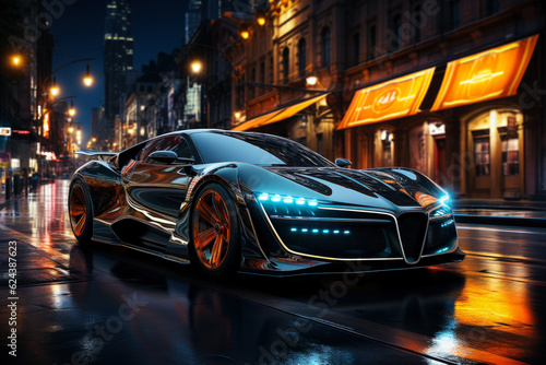 Futuristic sports super car concept on the background of the night city  street racing on expensive exclusive luxury auto  AI Generated
