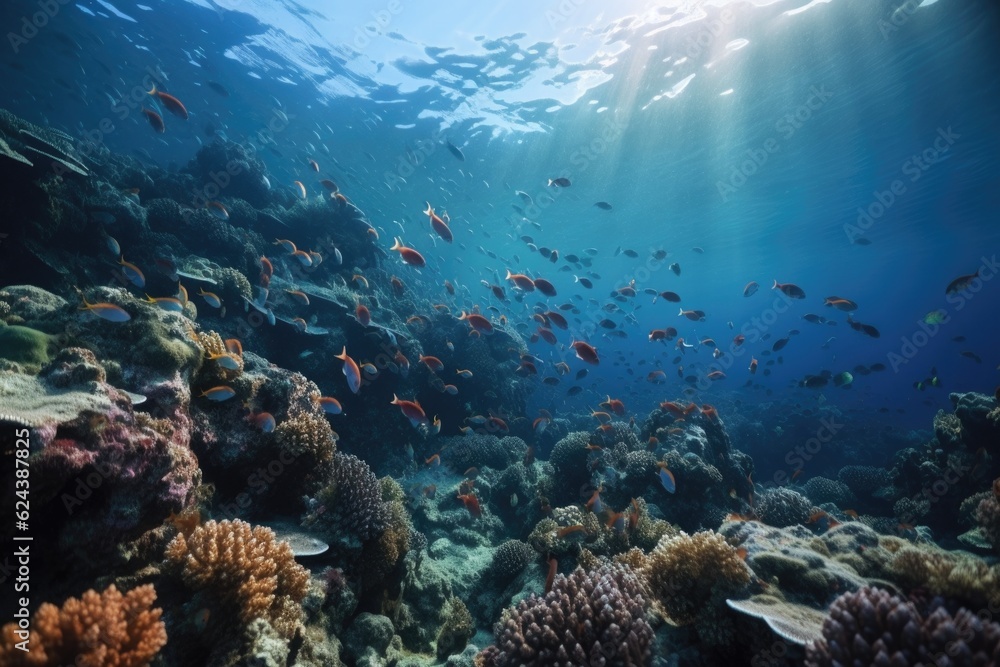school of tropical fish swimming among coral reef, created with generative ai
