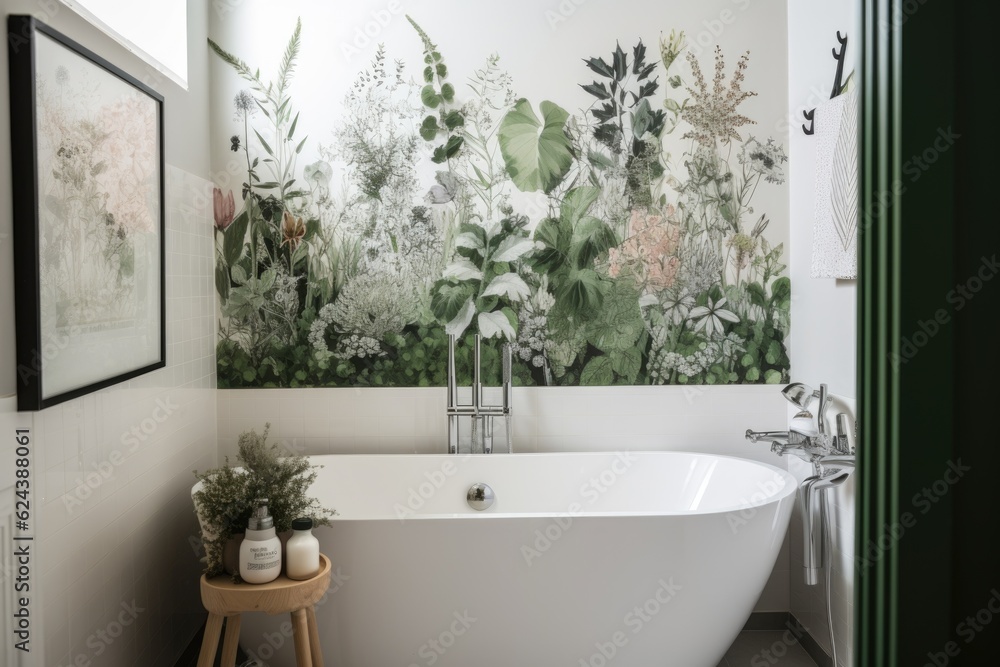 Fototapeta premium wall art with botanical motifs in the bathroom, created with generative ai