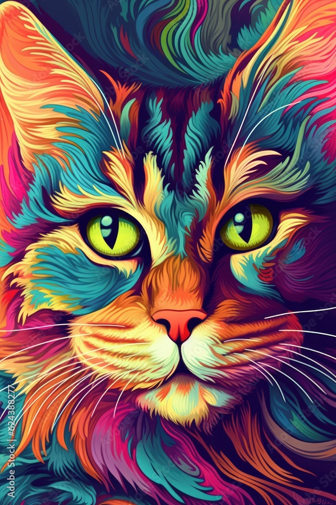 Manx cat psychedelic look. Generative AI