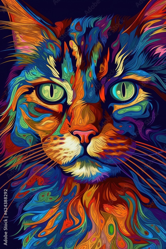 Norwegian Forest Cat cat psychedelic look. Generative AI