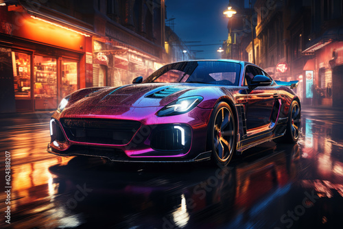 Futuristic sports super car concept on the background of the night city, street racing on expensive exclusive luxury auto, AI Generated