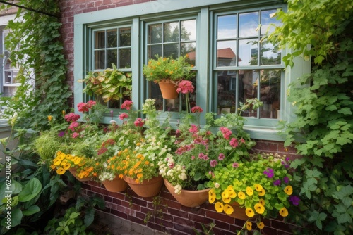 bright and colorful window garden with mix of foliage, blooms, and herbs, created with generative ai © altitudevisual