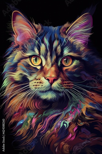 Maine Coon Siamese cat psychedelic look. Generative AI