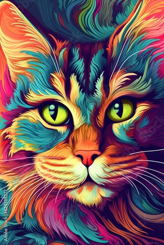 Manx cat psychedelic look. Generative AI