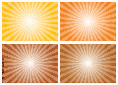 Yellow orange sunburst background set. Sunrise background. Radial rays background. Retro style sunburst background template.