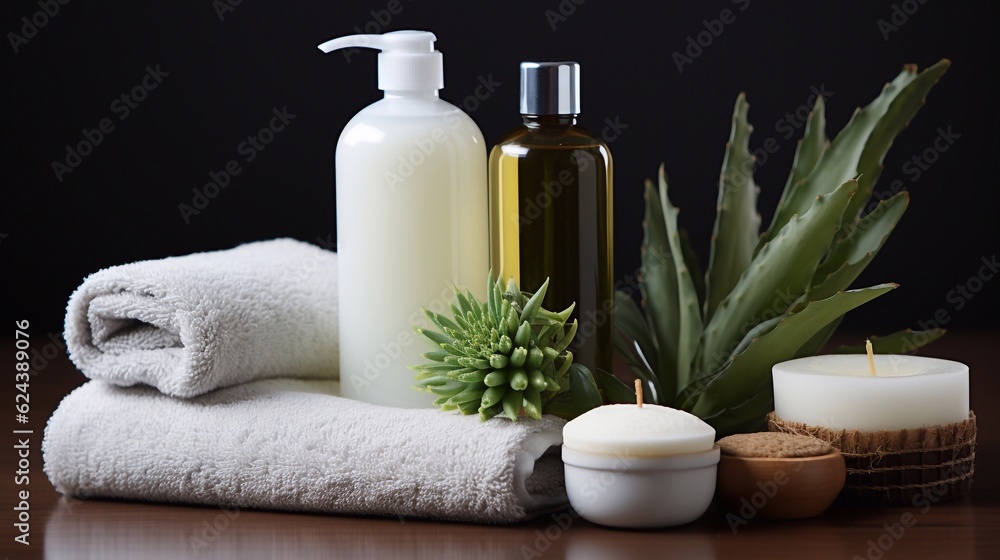 Cosmetics for body care. Massage oils and Towels with candles and flowers aloe. Spa. Generative AI