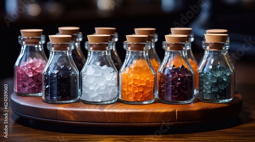 Bath salt. Glass bottles with colored bath salts with different aromas. Generative AI