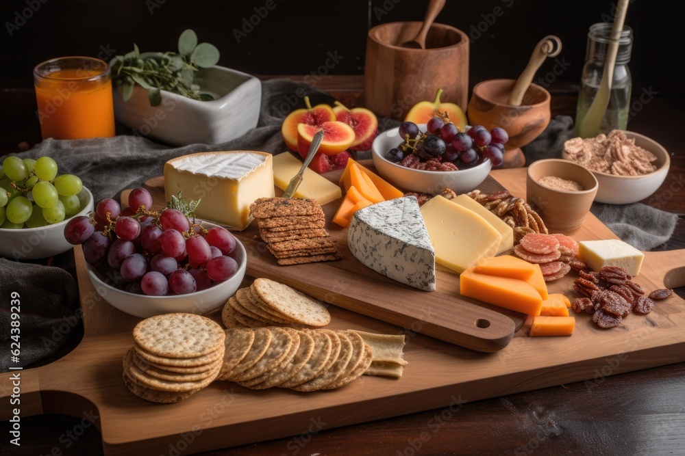 rustic wood platter with cheeses, fruit, and crackers, created with generative ai rustic wood platter with cheeses, fruit, and crackers, created with generative ai
