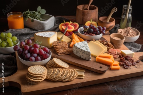 rustic wood platter with cheeses, fruit, and crackers, created with generative ai