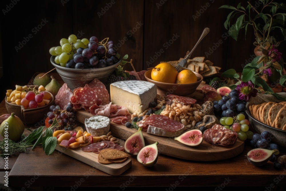 platter of cheeses, meats, and fruits presented in rustic way, created with generative ai platter of cheeses, meats, and fruits presented in rustic way, created with generative ai