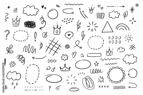 Hand drawn simple elements set. Sketch underlines  icons  emphasis  speech bubbles  arrows and shapes. Vector illustration isolated on white background.