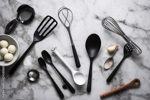 tasteful flatlay of cooking utensils on marble surface, created with generative ai