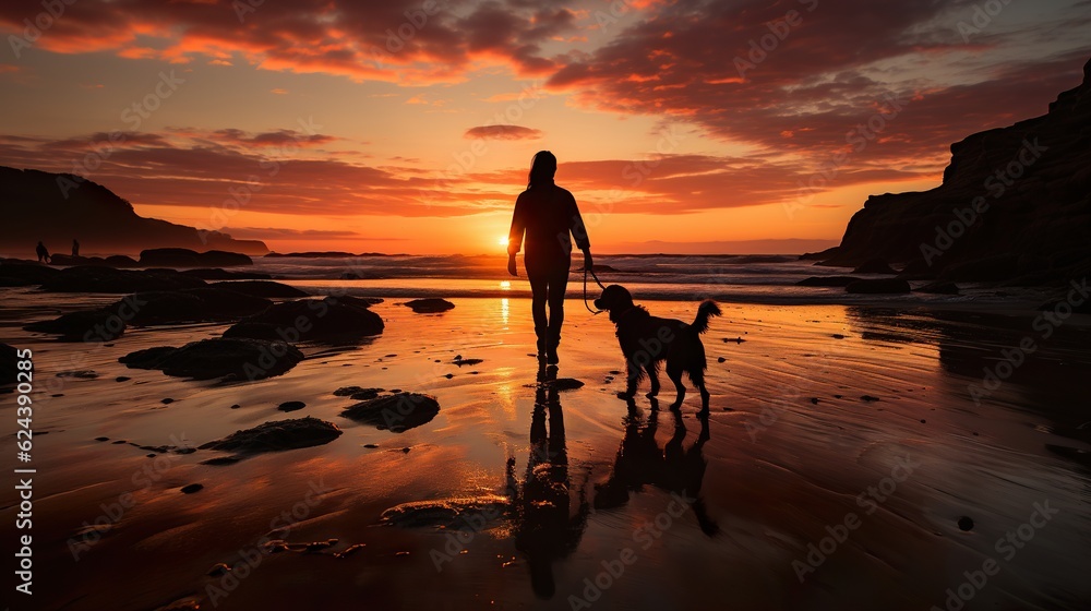Romantic walk with the dog at sunset on the ocean Generative AI
