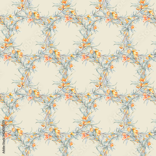 Pattern with orange sea buckthorn. Sea buckthorn for healthy life and design background. Hand painted. Botanical natural. Seamless pattern, an illustration for postcards, posters, textile design.