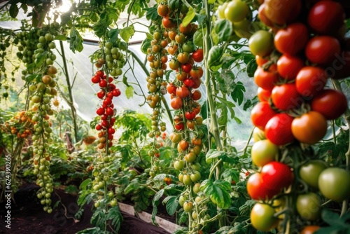 hydroponic tomato plants with ripe fruits on vines, created with generative ai