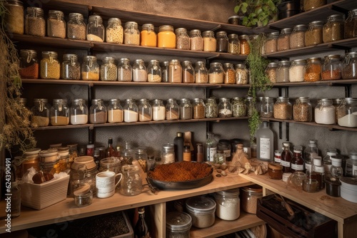 pantry with jars of herbs  spices  and oils for cooking inspiration  created with generative ai