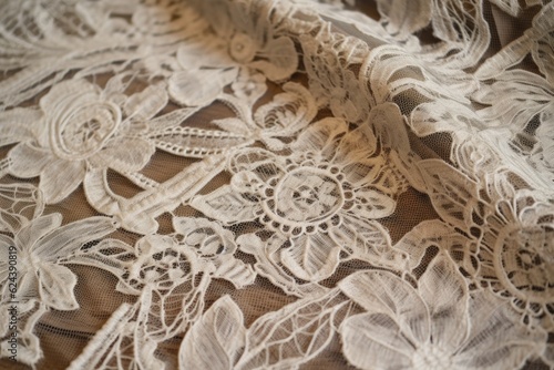 close-up of vintage lace fabric, with intricate pattern and delicate fringes, created with generative ai