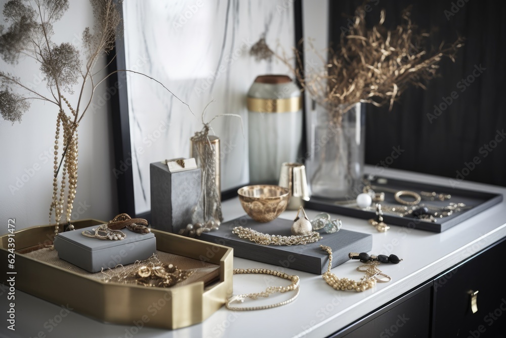 a beautiful, minimalist jewelry display featuring a mix of gold and silver pieces, created with generative ai a beautiful, minimalist jewelry display featuring a mix of gold and silver pieces, created with generative ai