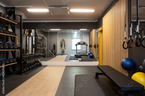 a well-equipped fitness studio  with racks of weights and other equipment  created with generative ai