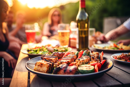 Barbecue dans le jardin en été, avec viandes et légumes grillés - Générative IA