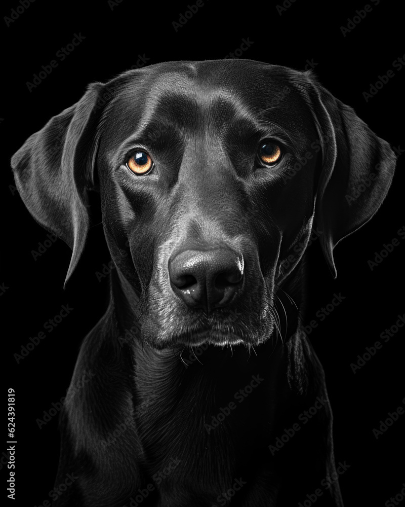 Generated photorealistic image of a labrador with yellow eyes in black and white format