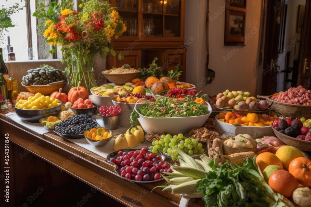 a buffet table overflowing with fresh fruits and vegetables, created with generative ai