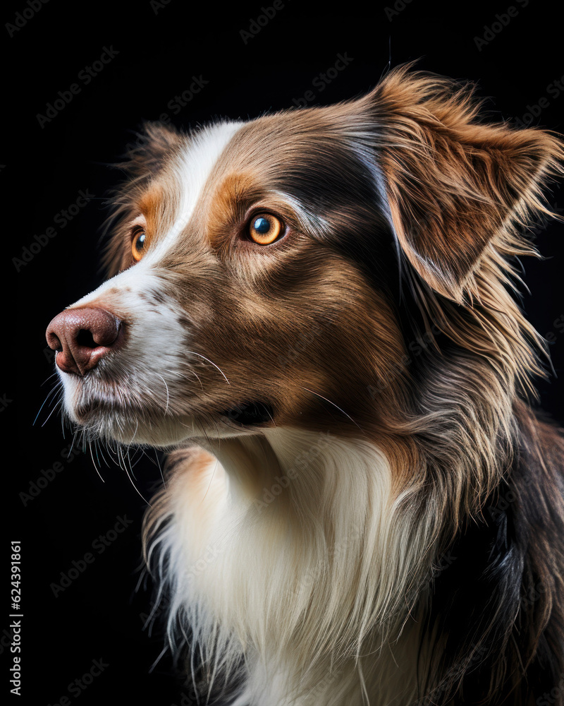 Generated photorealistic portrait of an Australian Shepherd with yellow eyes
