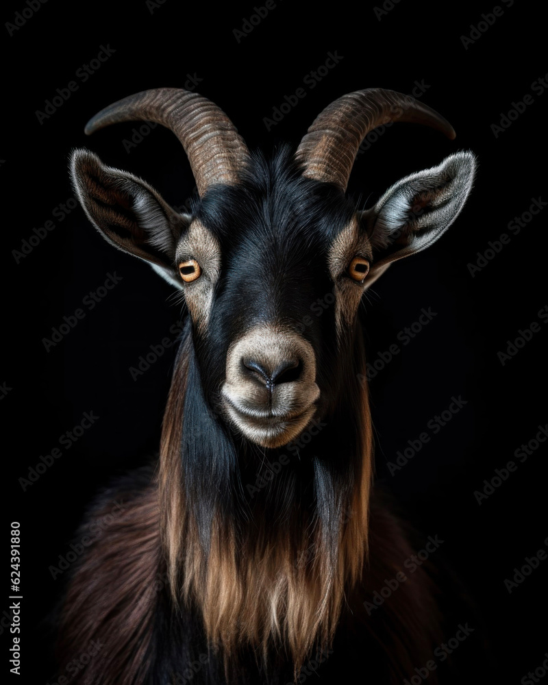 Generated photorealistic image of a domestic black goat with orange eyes