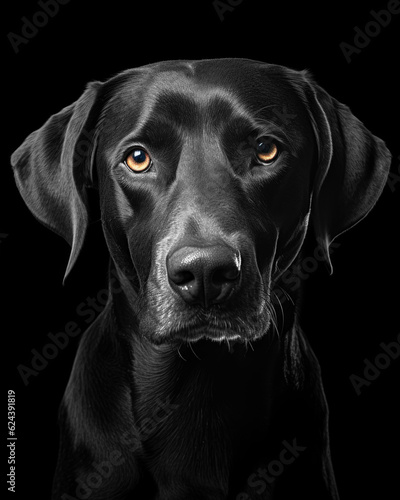Generated photorealistic image of a labrador with yellow eyes in black and white format