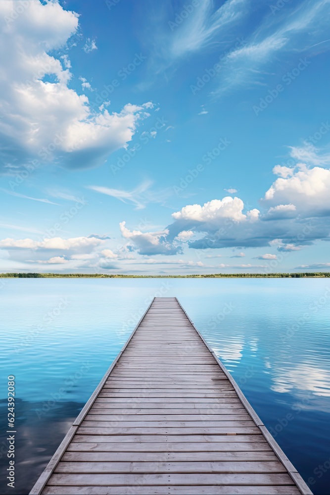 Symmetrical Wooden Pier on Lake. Beautiful and Colourful Background with Bright Blue Sky, Clouds, and Coastline. Generative AI
