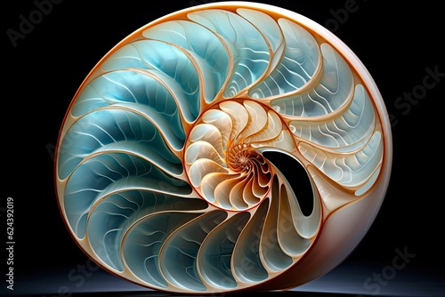 Symmetrical Nautilus Shell Fractal Spiral in Nature's Proportion: Generative AI