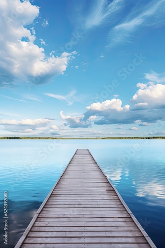 Symmetrical Wooden Pier on Lake. Beautiful and Colourful Background with Bright Blue Sky  Clouds  and Coastline. Generative AI