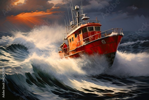 US Coast Guard Boat Braving the Stormy Seas to Protect and Rescue, Lifeguard Ship Over Troubled Waters: Generative AI