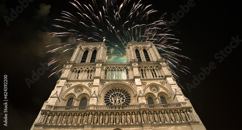 Celebratory fireworks over the Notre Dame de Paris, also known as Notre Dame Cathedral or simply Notre Dame, is a Gothic, Roman Catholic cathedral of Paris, France