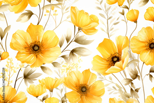 Romantic Watercolor Botanical Background Feminine Yellow Flowers Seamless Pattern, Ai Generative © wannapong