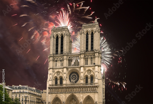 Celebratory fireworks over the Notre Dame de Paris, also known as Notre Dame Cathedral or simply Notre Dame, is a Gothic, Roman Catholic cathedral of Paris, France