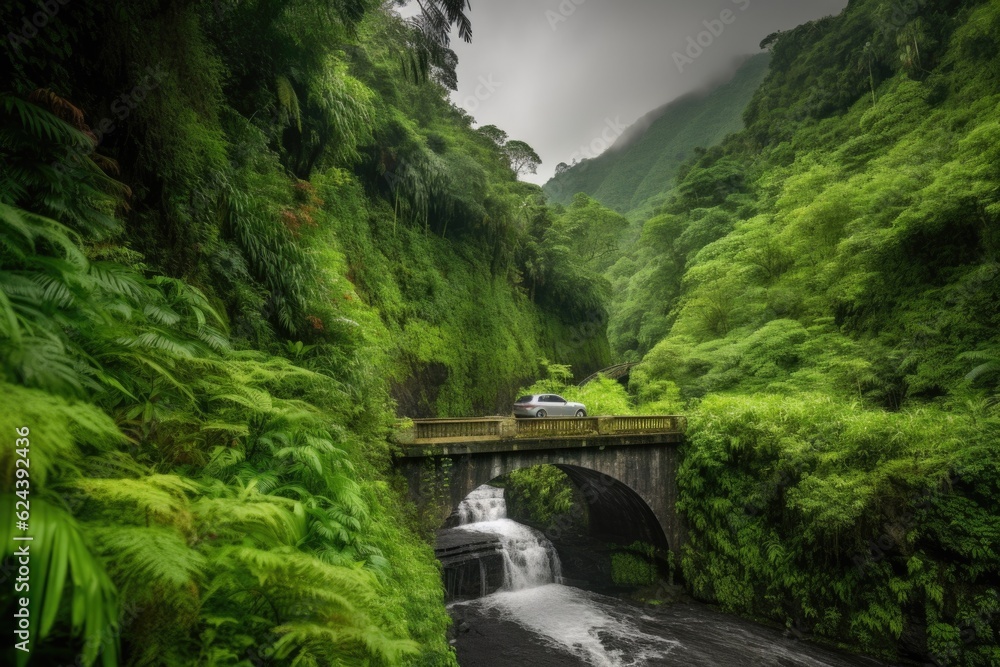 scenic road trip with waterfall and lush greenery in the background, created with generative ai