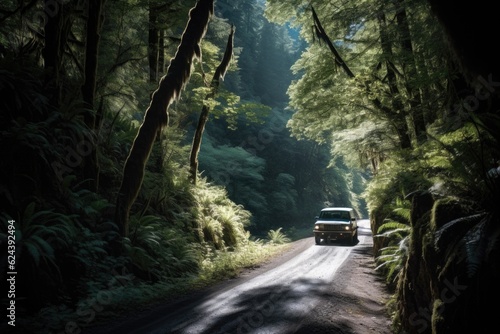 scenic road trip through the forest, with glimpses of sunlight filtering through the trees, created with generative ai