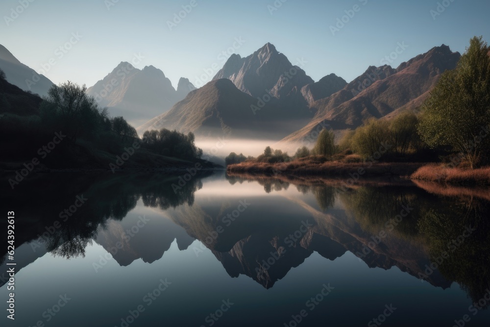 reflection of towering mountain range and lake in misty morning light, created with generative ai
