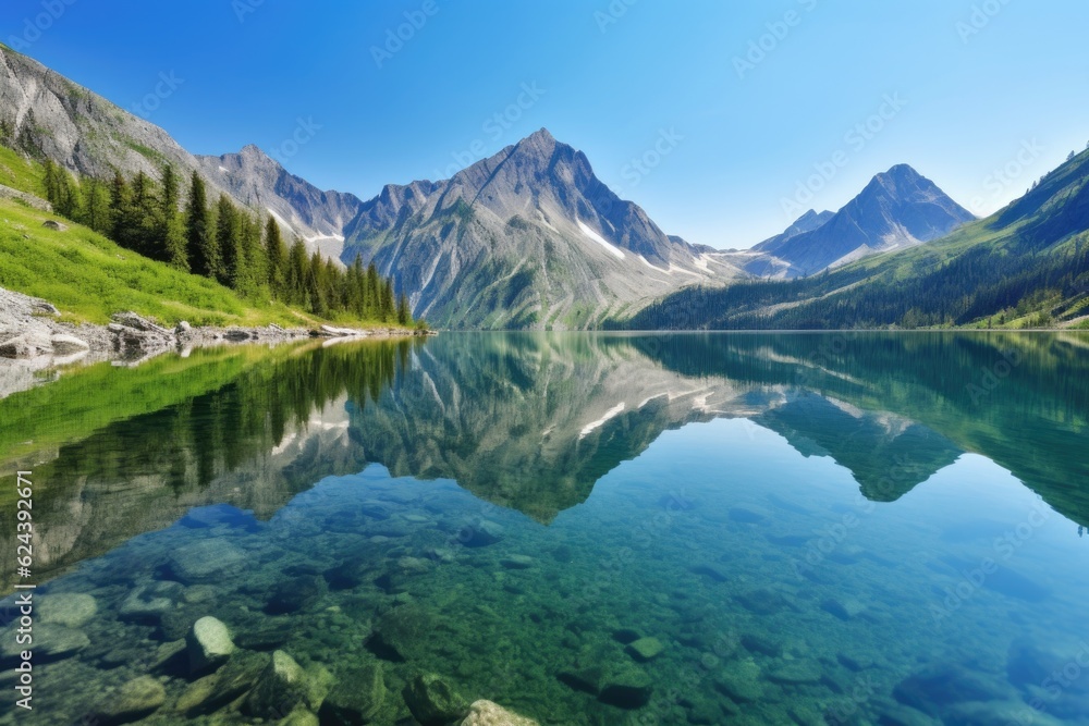 serene lake with reflections of towering mountains and clear, blue skies, created with generative ai