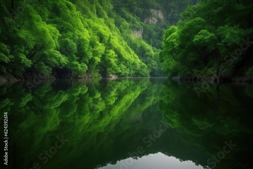 reflection of peaceful lake surrounded by lush green forest, perfect escape, created with generative ai
