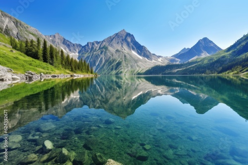 serene lake with reflections of towering mountains and clear  blue skies  created with generative ai