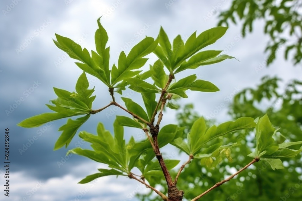 close-up of the leaves and sprouts of a sprouting tree against a cloudy sky, created with generative ai close-up of the leaves and sprouts of a sprouting tree against a cloudy sky, created with generative ai