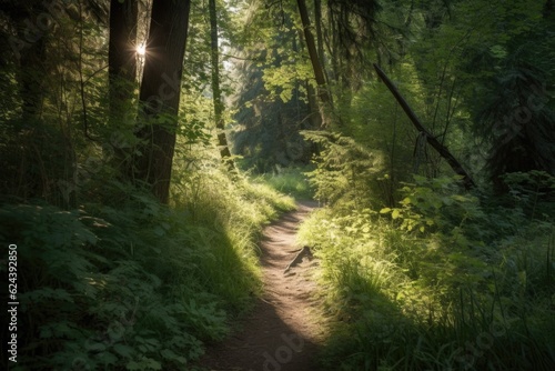 peaceful walk through the woods, with sunlight filtering through the trees, created with generative ai