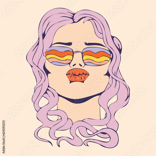 Girl in psychedelic glasses with red lips and pink hair. Print for postcards or clothing in hippie or old school style