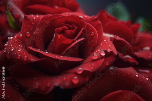 close-up of red rose petals  with water droplets on their surface  created with generative ai