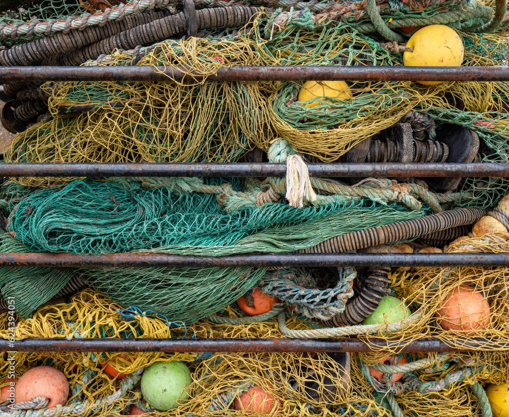 16 July 2023. Buckie,Moray,Scotland. This is a large amount of Fishing nets being housed in a a large metal crate.
